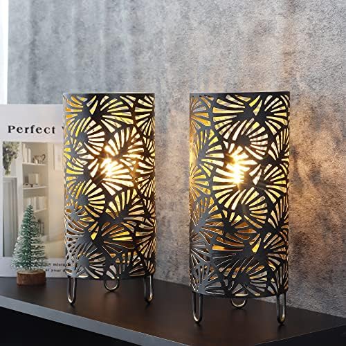 JHY DESIGN Set of 2 Metal Lamp Battery Powered 23.5cm High Accent Cordless Lamp with LED Bulb Huge Fan Patterned Battery Lamp for Weddings Parties Patio Garden Indoors Outdoors Table Bed Room