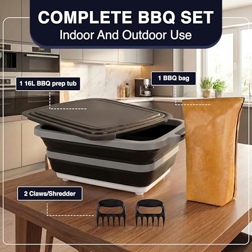 Image of BBQ Prep Tub 16L, Collapsible Cutting Board with Meat Rest Blanket and Chicken Claws, Perfect Meat Prep Tub for Marinating, Shredding, and Grilling, All in One BBQ Accessories for Outing & Picnic
