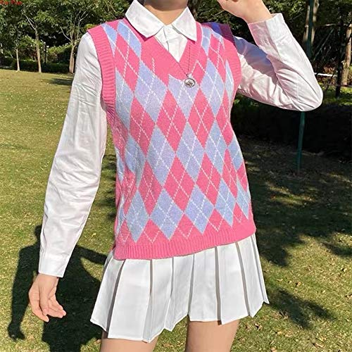 Hyipels Sweater Vest Women,Sleeveless V Neck Argyle Plaid Long Preppy Loose Knitted Casual School Sweaters Tank Top2