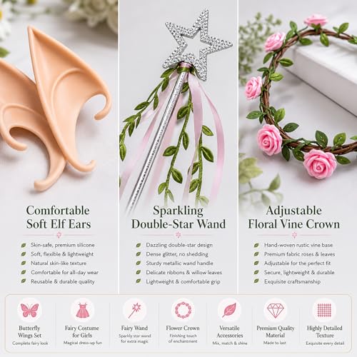 BEFEIEULEAQ Fairy Wings Set - 4 PCS Butterfly Wings with Elf Ears, Flower Crown & Wand - Universal Size Pink — view 3