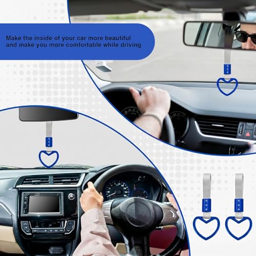 Image of 2PCS Heart Shaped Car Handle Straps, Rear Bumper Warning Keychain Ring for Car Exterior Accessories (Blue-Silver)