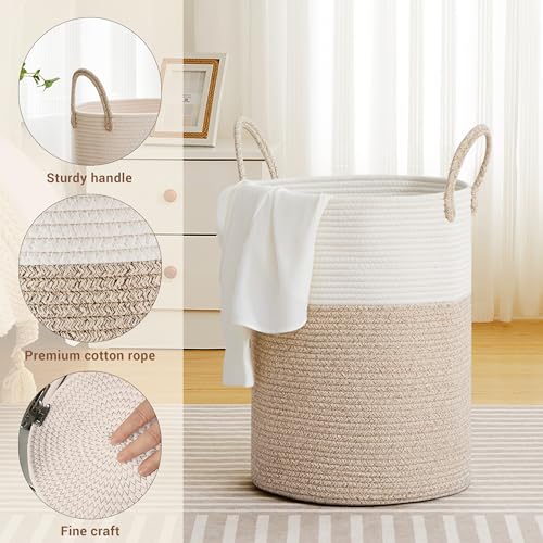 Image of 58L Tall Cotton Rope Laundry Basket with Handles, Brown