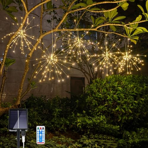 GTSYDING 5 Pack Solar Firework Lights, 450 LED 8 Modes Dimmable Waterproof Hanging DIY Starburst...