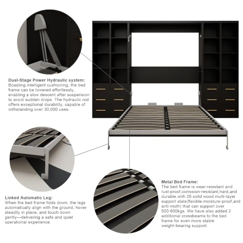 Image of KEIKI Queen Size Vertical Cabinet Murphy Bed with 4 Side Cabinet, Black | Multifunctional Foldable Hideaway Wall Metal Bed Frame, No Box Spring Needed, Easy Assembly, for Bedroom, Guest room