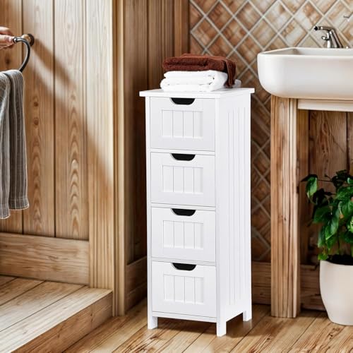 Saicool Bathroom Floor Storage Cabinet, Freestanding Wooden Side Organizer w/4 Drawers & Anti-Tip Kit for Bathroom Living Room Hallway Office Study, White - Thumbnail 7