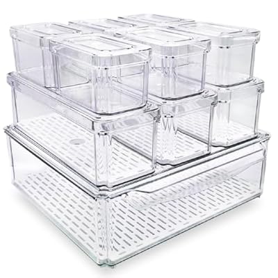 EASPACE 10-Pack Clear Fridge Organizer Bins with Lids & Drainage Holes, Stackable Container Set, BPA-Free Plastic Refrigerator Storage Containers for Food, Fruits, Vegetables, Meats (Multi-Purpose)
