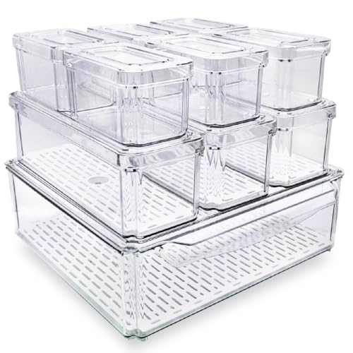 10-Pack Clear Fridge Organizer Bins with Lids & Drainage Holes, Stackable Container Set, BPA-Free Plastic Refrigerator S - Detailed View