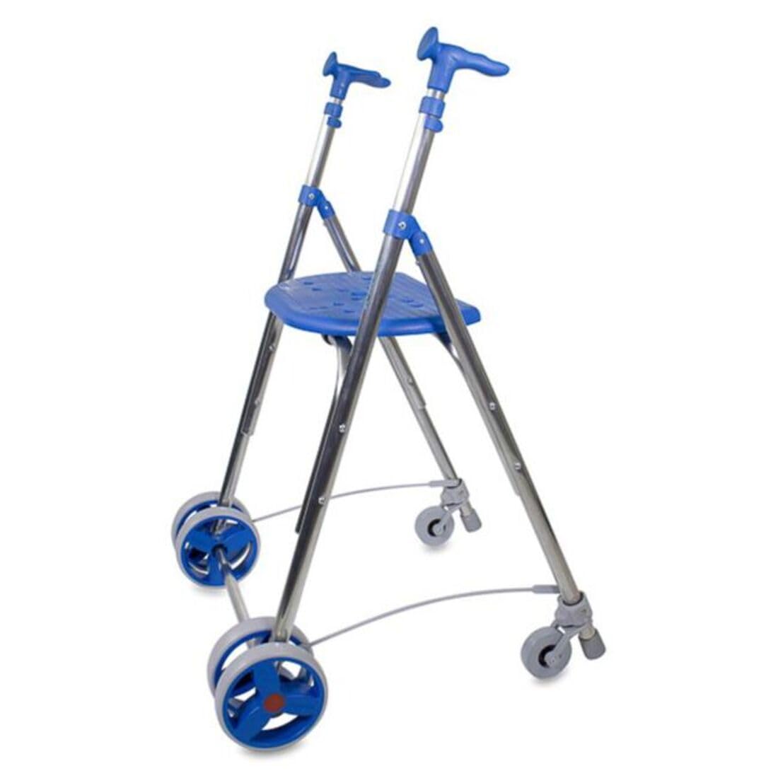 Andador para adultos plegable con asiento y ruedas por presión, caminador para ancianos, regulable en altura, color azul