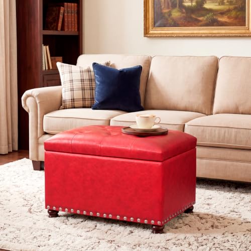 Image of Joveco Leather Storage Ottoman, 24 inch Rectangle Square Bench Foot Rest Stool for Bedroom Living Room, Red