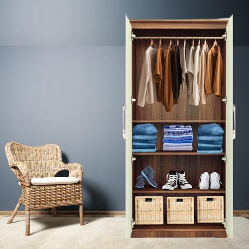 Image of AAVATAR 2-Door Wood Wardrobe with Shelves and Hanging Space for Bedroom, Wardrobe for Clothes, 2 Door Without Mirror (Colour - White & Yellow, Size 75 X 30 X 19 Inch)