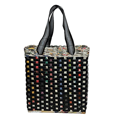 Image of Paperus Re-usable Small Black Check Carry Bag, Shopping Bag, Handbag, Tiffin Basket, Lunch Bag, Eco-friendly, Handmade, of Paper Ropes 11 In Tall 10 In Length 5 In Wide Base
