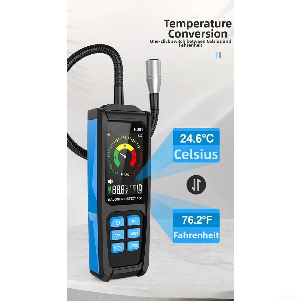 HD01 Lecksuchgerät mit Digitalanzeige für R22 R32 R134a, Dual Alarm System und 270mm flexiblem Schlauch, Temperaturmessung -10 bis 60 Grad, schnelle Reaktion in 10 Sekunden für HVAC