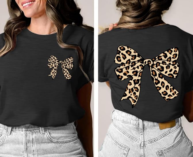 Image of Bow Leopard Shirt for Women Cheetah T-Shirts for Women Bow Graphic Tees Short Sleeve Aesthetic Tee Top