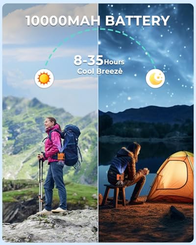 Image of Portable Waist Fan with Clip, 10000mAh Rechargeable Wearable Belt /Neck USB Fans, 3 Lights, 25-Hour Cooling, LED Display, 4-in-1 Table Fans for Outdoor, Camping, Travel (Orange)