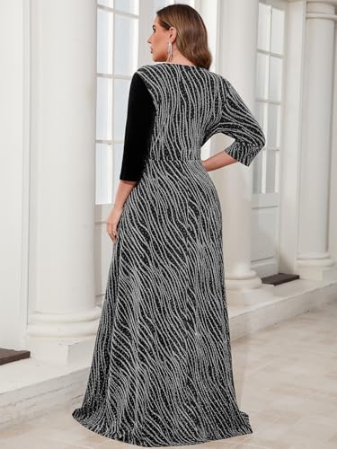 ZOMVA Plus Size Women's Velvet Splice Sparkly Maxi Dress 3/4 Sleeve V-Neck Wrap A-line Dresses Formal Evening Cocktail2