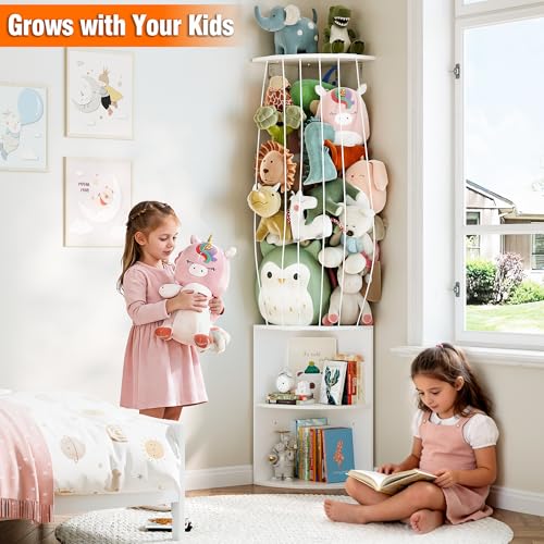 Image of 74.7 inch H Stuffed Animal Storage with 2-Tier Corner Bookshelf - Wall Mount Height Adjustable Plush Toy Organizer, Wooden Kids Bookshelf for Small Spaces Nursery Playroom Kids Room, White