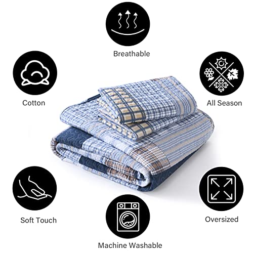 Image of PANGUSHAN Quilt Set Queen Size, 100% Cotton Quilt Bedding Set Bedspreads, Patchwork Plaid Farmhouse Reversible Lightweight Comforter Bed Spread for Queen Bed, Blue, 3 Pieces