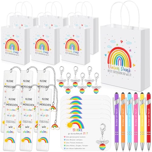 Dankes-Geschenkset Für Erzieherin – 6x Lesezeichen, Schlüsselanhänger, Karte & Tüte