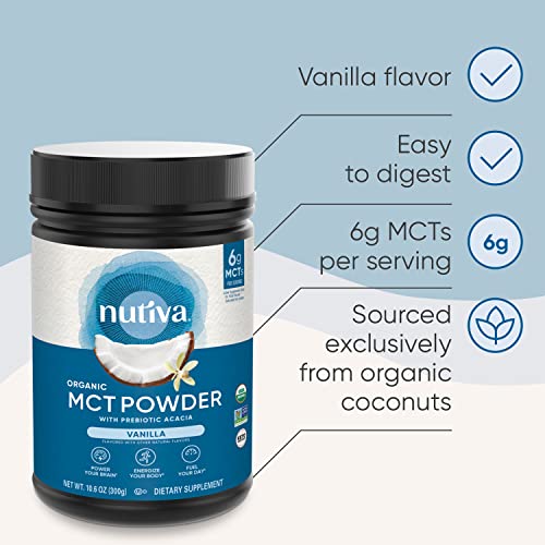 Nutiva Organic Mct Powder With Prebiotic Acacia Fiber, Vanilla, 10.6 Oz, Usda Organic, Non-Gmo, Non-Bpa, Vegan, Gluten-Free, Keto & Paleo, Instant Beverage Or Boost To Coffee & Smoothies #TOP3