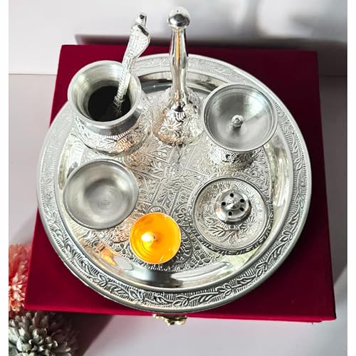 Image of Silver Plated Pooja Thali Set with Custom Name Box | 7-Piece Premium Religious Gift | Ideal for Corporate & Employee Gifting, Diwali, Housewarming & Every Festive Occasions (10 inch)