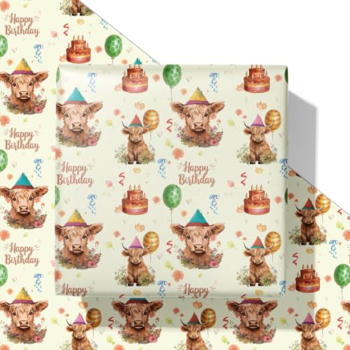 SaringSwoon Highland Cow Birthday Wrapping Paper for Kids Adults - Funny Western Gift Wrap with Cow Happy Birthday Cake Balloons and Floral Design for B-Day Baby Shower - 4028 Inches 4 Sheets