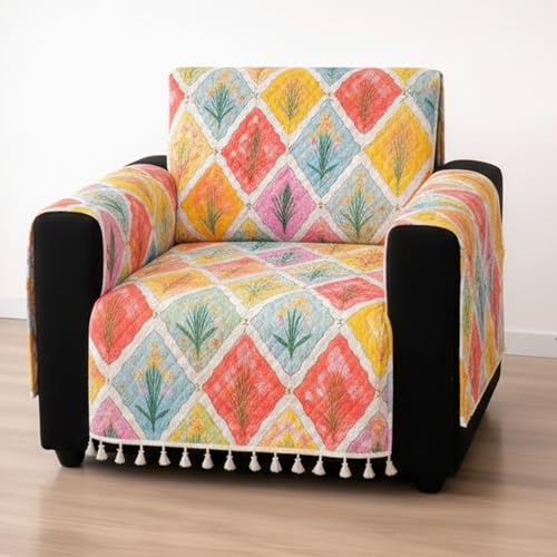 Image of House of Quirk IKATRA Series Quilted Printed Sofa Cover for Indian Sofa Set with Side Pocket - Premium Washable, Anti-Slip, Durable & Ultra Soft Fabric Protector (Spring Blossom, One Seater)