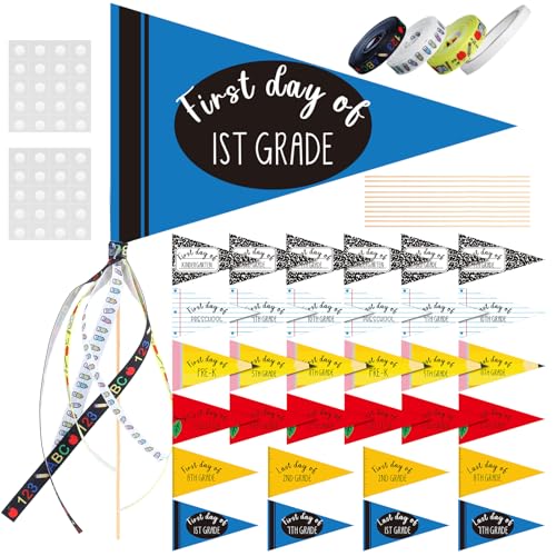 Poola Voidra 34 Pcs Back to School Flag First & Last Day of School Flag Kit Composition Notebook Banner DIY Kit with Ribbon Pencil Crayon Reusable Pennant Sign 17 Grades Photo Prop for Classroom Decor