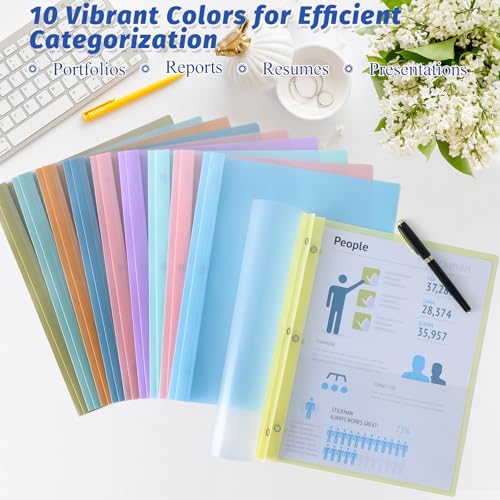 Image of Ndsox 30 Pack Plastic Report Covers with 3-Prong Fasteners for Letter Size | Clear Front Presentation Folders, Resume Folders for Interview, 10 Colors Back, Metal 3-Prong Fasteners, 100 Sheet Capacity