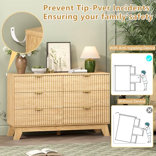 Image of Wodeer 6 Drawer Fluted Dresser for Bedroom, Mid Century Modern Wooden Dresser with 6 Drawers, Dressers & Chests of Drawers with Metal Handle, TV Stand & Storage Organizer for Entryway, Hallway, Oak