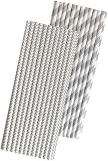 Silver and White Paper Straws - Stripe and Chevron - 7.75 Inches