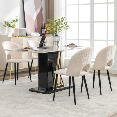 Goldicoo Juego de 4 sillas de comedor tapizadas de terciopelo, color beige con respaldo con estampado de diamantes, estructura de metal, patas ajustables, 47 x 44 x 84 cm