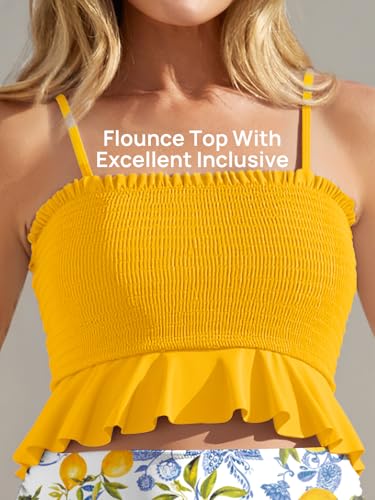 Image of Summer Mae Maternity High Waist Swimsuit Ruffle Hem Bikini Bathing Suit Shirred Bandeau Two Piece Pregnancy Swimwear Golden Lemon Medium