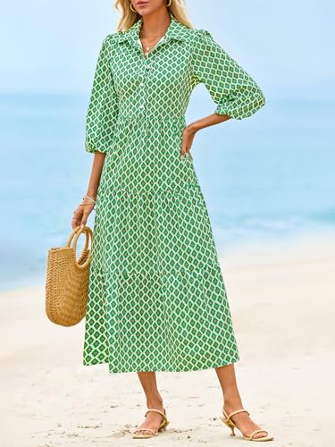 Image of Wenrine Womens Casual 3 /4 Sleeve Shirt Dress Button Down V Neck Tiered Collared Flowy Maxi Dress