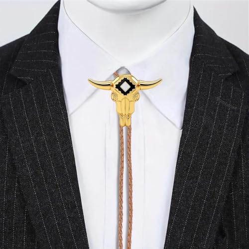 Image of GelConnie Longhorn Bull Bolo Tie for Men Native American Western Cowboy Leather Necktie Bolo Necklace for Women Gold Texas