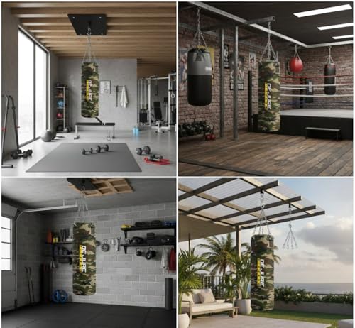 Image of De Jure Fitness Heavy Duty 4 Ft Punching Bag with Rust-Proof Stainless Steel Hanging Chain | Durable Polyester Fabric | Comfortable Recycled Filling | Boxing MMA, Kickboxing - Camouflage, 4 Ft