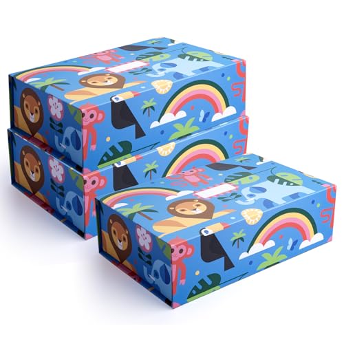 Image of Sorarto 3-Pack Birthday Boxes for Kids – Jungle Animal Memory Box for Keepsakes with Magnetic Lids – Sturdy Decorative Gift Box Set for Boys & Girls (Lion, Elephant, Rainbow) – 11.5" x 7.5" x 3.5"
