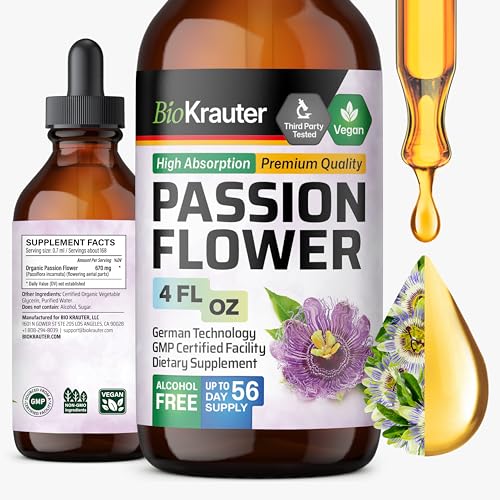 BIO KRAUTER Passion Flower for Relaxation - Calm & Mood Support - Pure Vegan Liquid Drops Passion Flower Extract 670 mg/Serving 4 Fl.Oz 56-Day Supply - Alcohol & Sugar Free - Natural Calm Drops
