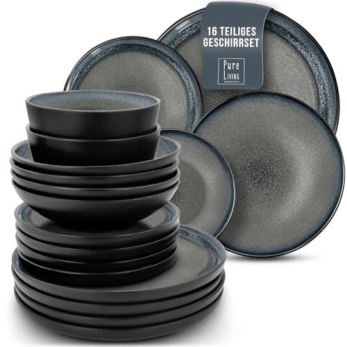 Juego de Vajilla Ibiza para 4 Personas - 16 Piezas - Set de Vajilla para Lavavajillas y Microondas - Moderno Juego de Platos - Servicio de Pure Living en Gris