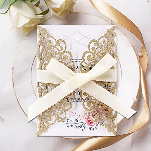 Fashmade 50Pcs Laser Cut Wedding Invitation With Glitter Envelopes And Ribbons Blank Personalized Card Invitaciones Para Quinceañera Birthday Baby Shower Christmas Party Bridal Shower (Gold) #TOP3