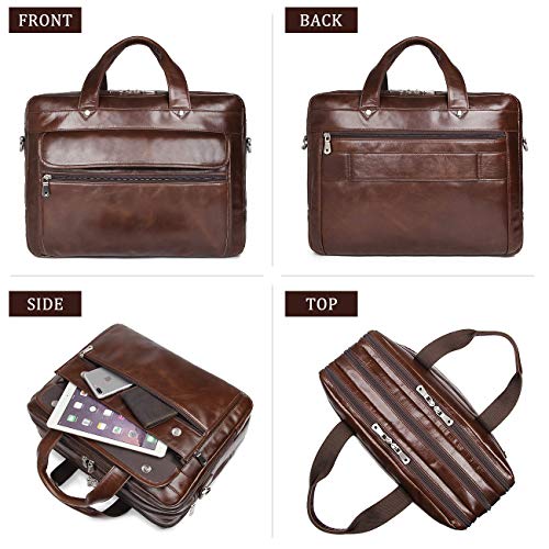 Augus Genuine Leather Mens Briefcase businessTravel Bags 15.6 Inch Laptop Bag YKK Zipper, Coffee
