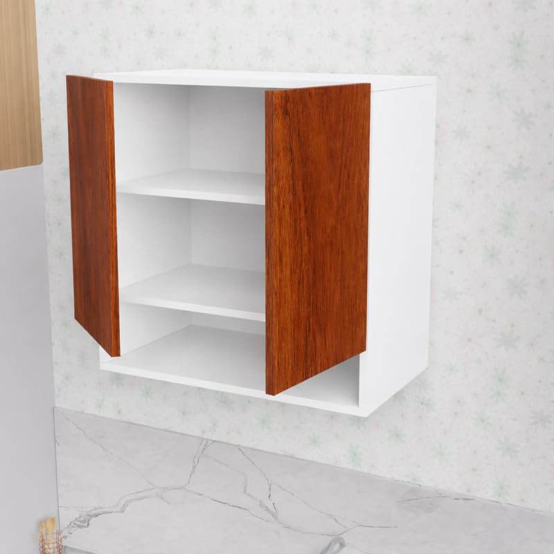 Image of 2 Door Multipurpose Wall Mounted Cabinet with Adjustable & Fixed Shelf | Storage for Kitchen, Bathroom, Office & Living Room | Assembly-DIY | Color-White & Cherry Pine | Size-60x33x63.8 Cm