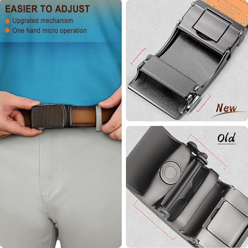 Men Belt, Ratchet Click Sliding Genuine Leather Belt for Gift, 1 3/8, Cut for Fit3