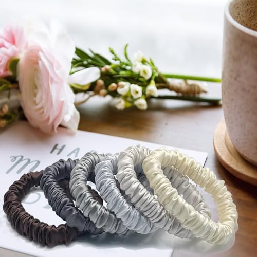 Image of VLOMOT 6 Pcs Set 100% Pure Mulberry Silk Scrunchies Hair Ties with 6 Chic Colors Everyday Skinny Scrunchies Silk Ponytail Holders Hair Care No Damage (Moonlight)