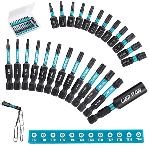 LIBRATON Juego de 25 Puntas de Torx de Seguridad, Estrellas Antimanipulación para Impacto, Puntas de Destornillador en S2 con Punta Magnética (2.5cm et 5.1cm), Incluye Portapuntas Magnético y Caja