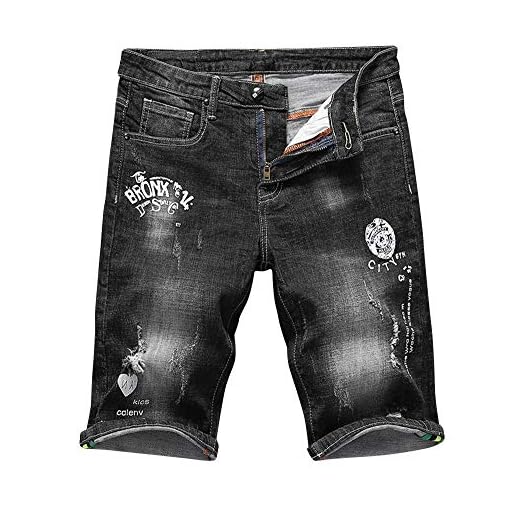 Herr slim fit denim shorts jeans trasiga festival mode tryck korta byxor sommar mode distressed jeans fritidsbyxor, svart, 36/(Midja 90.2 cm)