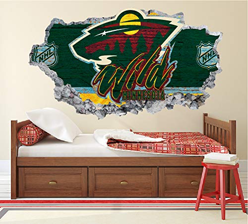 Hockey Minnesota Team Wall Decals Art 3D Smashed Custom Fan Wild Wall Decor Bedroom Garage Removable Vinyl Wall Stickers Gift Wl30 (36" W X 24" H) #TOP1