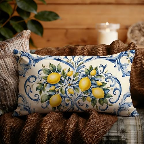Image of Summer Lemon Coastal Pillow Cover 12x20 Double-Sided,Italian Lemon Fruit Home Decor,Blue and Yellow Amalfi Coast Party Decorative Lumber Throw Pillow Cover for Home Bedroom Living Room