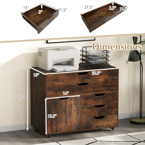 Image of DREAMADE File Cabinet, Rolling File Cabinet with 5 Drawers, Door & Lockable Metal Wheels, Mobile Filing Cabinet with Storage, Wood Printer Stand for Home Office Study (Rustic Brown)