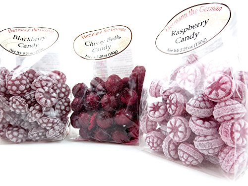 Hermann the German Bavarian Hard Candy 3-Flavor Variety: One 5.29 oz Bag Each of Blackberry, Raspberry, and Cherry in a BlackTie Box (3 Items Total)