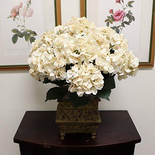 Larksilk Hydrangea Silk Flower Bush, Seven Heads Per Bush, Uv Resistant, Indoor & Outdoor Silk Plant, Adjustable Stem, Rich Green Leaves, Wedding, Centerpiece, & Event Decor(Beige) #TOP1